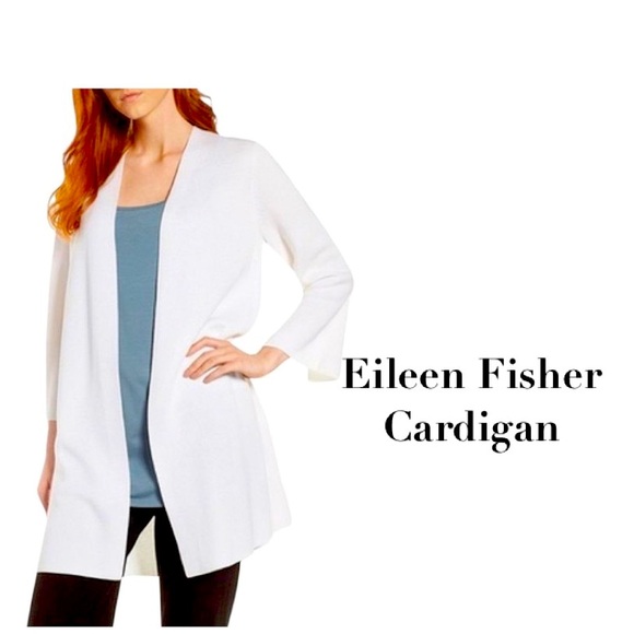 Eileen FisherWhite Tencel Silk Simple Split Bracelet Sleeves Cardigan